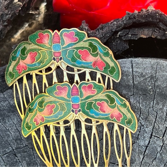 Vintage Cloisonné Butterfly Green Hair Comb Set - Picture 7 of 9